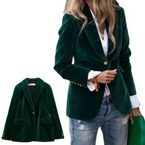 Zara Velvet Velour Emerald Green Gold Button Limited Edition Blazer Jacket